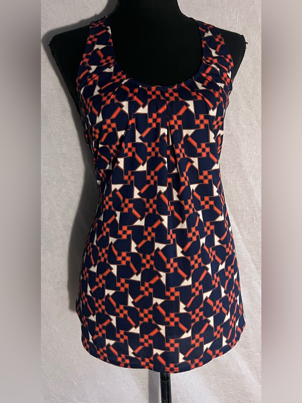 Collective Concepts Navy Tank Top with Red and White Geometric Print
